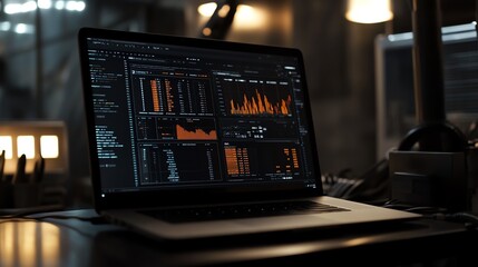 Laptop displaying data analytics on screen in dark room with charts and graphs.