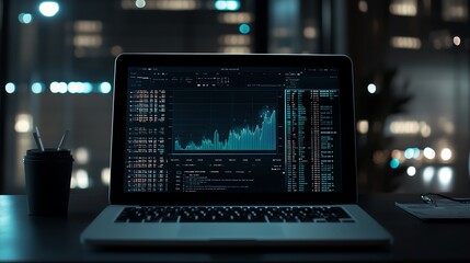 Laptop displaying financial data analytics at night with cityscape view.