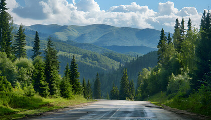 Beautiful view of asphalt road and conifer forest in mountains