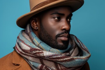 Stylishly dressed model with a scarf in a blue studio setting, showcasing a contemplative expression while wearing a hat and shawl, highlighting a strong and masculine presence