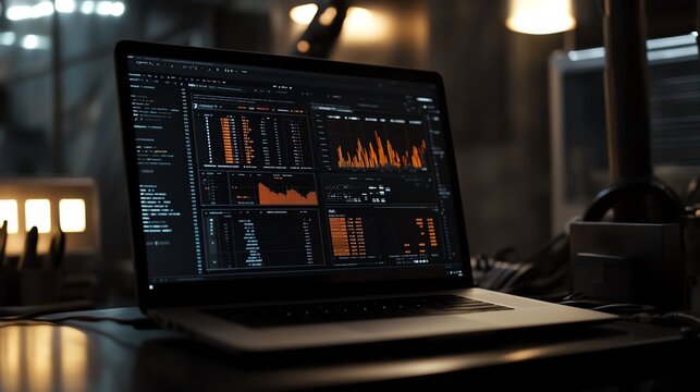 Laptop displaying data analytics on screen in dark room with charts and graphs.