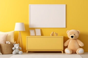 Composition of child room interior with mock up poster frame, soft yellow wall, plush toys. Home decor