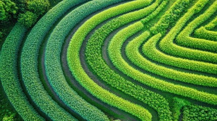 Aerial view of rows of crops in a green field bathed in the warm glow of sunset, the horizon stretching far beyond.