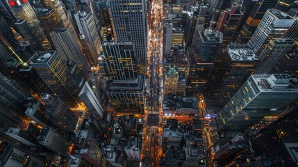 Aerial view of a bustling cityscape at night, with streets filled with car lights and skyscrapers illuminated against the dark sky 