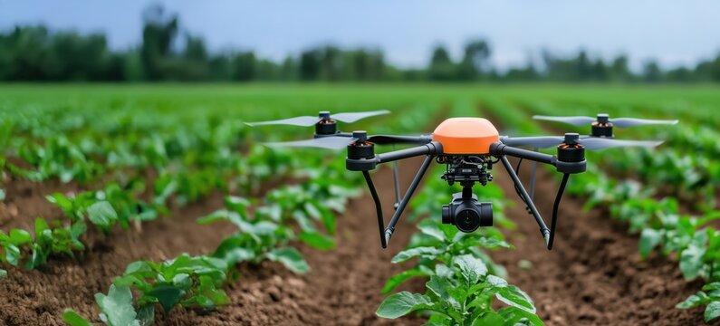 A vibrant agricultural landscape with a drone capturing data over lush green crops in daylight - Powered by Adobe
