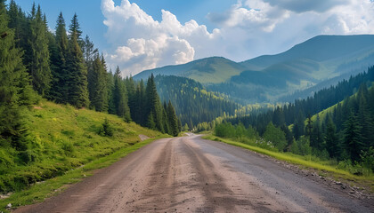 Beautiful view of asphalt road and conifer forest in mountains