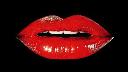Obraz premium Bold red lips in glossy detail, ideal for a cosmetic advertisement, capturing the sensuality and power of a perfect lipstick application.