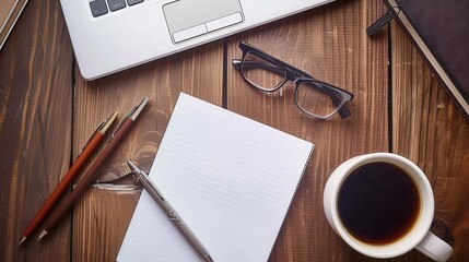 Flat lay of stationery essentials for studying or work: pens, notebooks, glasses, and a cup of coffee on a wooden table with a laptop in the corner 