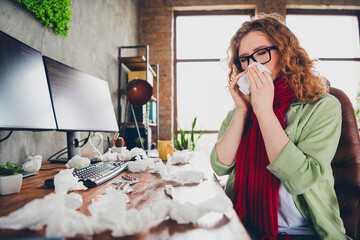 Photo of unhappy upset lady assistant wear shirt eyeglasses sneezing having flu indoors workplace...