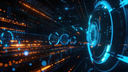 Abstract tech interface with neon blue lines and circular icons representing connectivity, floating against a dark digital background 
