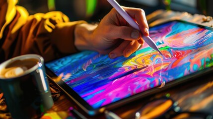 Obraz premium Close-up of a person sketching on a tablet using a stylus, with bright, colorful digital artwork in progress and a cup of coffee beside the device