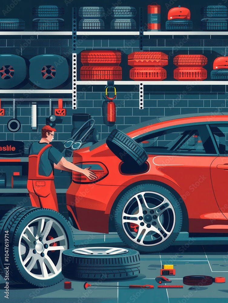 Poster A mechanic is replacing tires on a red sports car in a busy garage filled with tools and spare tires during the afternoon. Generative AI