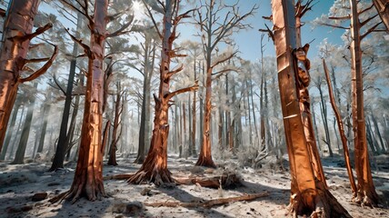 Sunlight illuminates copper-toned trees in a snowy forest.