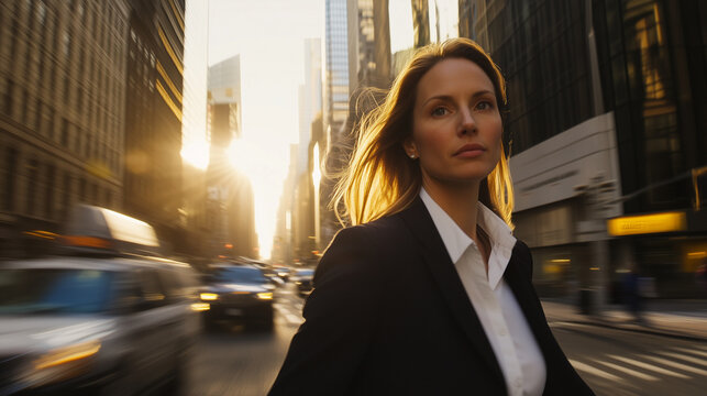 Confident Businesswoman Walking Through City Streets at Sunset