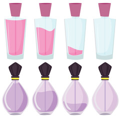 Glass bottles for perfumes and aromatic oils. Vector drawing of a bottle with different stages of filling with liquid.