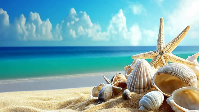 A starfish and seashells rest on a sandy beach by the ocean on a sunny day