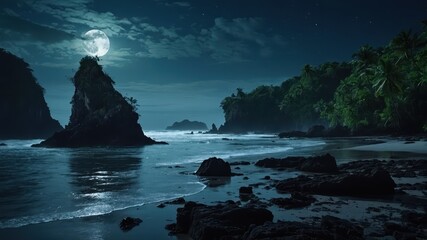 island, rocks, jungle, night, moonlight, beach, shipwrecks