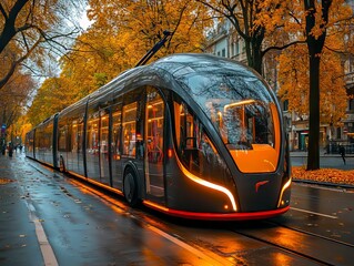 Obraz premium A modern tram on a city street in the fall
