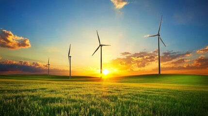 Obraz premium A group of wind turbines on a grassy hill, illuminated by a colorful sunset sky, renewable energy and sustainability concepts
