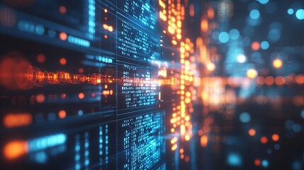 Futuristic digital data stream, glowing blue abstract backdrop