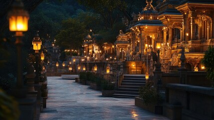 An enchanting evening scene at Jejuri with softly lit lamps illuminating the temple grounds and casting warm shadows,