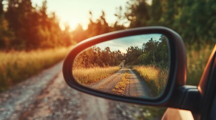 A rustic dirt road leads off into the sunset, captured in a rearview mirror. The image conveys warmth, nostalgia, and the joy of a scenic countryside escape.