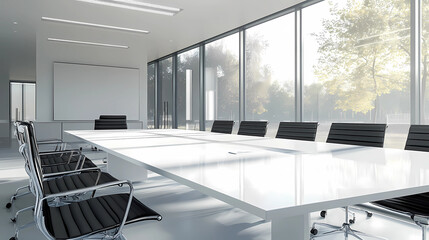 Zoom Background large white conference table with black chairs, modern, large windows with view