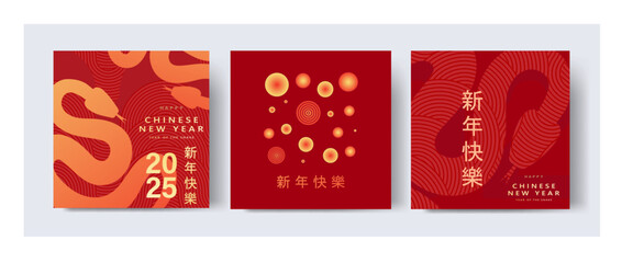 New Year 2025, the year of the Snake. Chinese New Year 2025 vector illustration set of Year of Snake cover, poster and sale banner. Chinese zodiac Snake symbol.