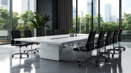 Fototapeta premium Zoom Background large white conference table with black chairs, modern, large windows with view