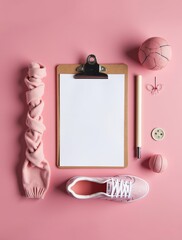 flat lay pink sports attributes with clipboard
