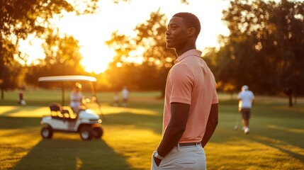 prosperous young male golfer enjoying sunset on course. african american golf player in front of caddy. success, prestige and lifestyle of wealth and prosperity. banner with copy space