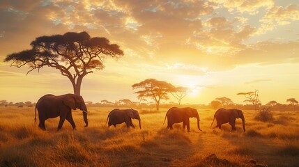 Obraz premium A serene group of elephants walks gracefully across the savanna, basking in the warm glow of a breathtaking African sunset. Generative AI