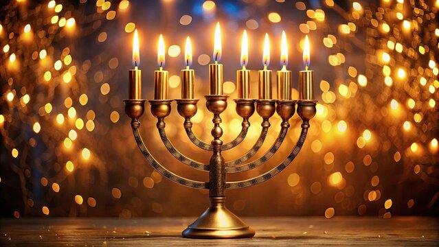 Lit Hanukkah menorah against glowing bokeh background
