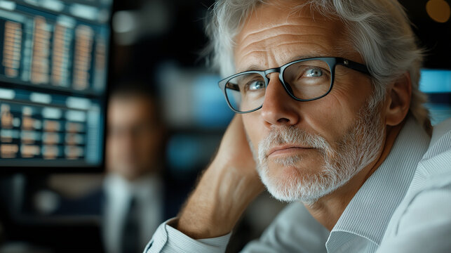 A stockbroker sitting at his desk in a busy stock exchange, looking exasperated and bored as he scrolls through stock tickers on his monitors. His colleagues around him are focused