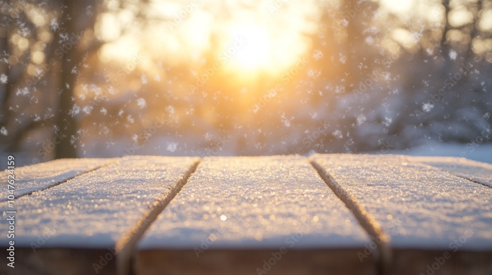 Poster A close-up view of a wooden table surface with white snow on top of it. The background is blurred and shows a golden sunset behind a forest, with the snow falling in the air.