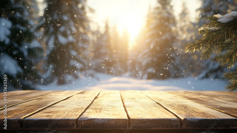 Poster sunlight shines through snow-covered trees, casting a warm glow onto a rustic wooden table during a 
