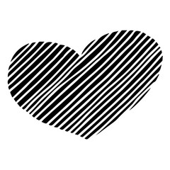 Geometric heart hand-drawn doodle icon silhouette. Black solid color, diagonal lines. Valentine's, love, romantic, anniversary, wedding