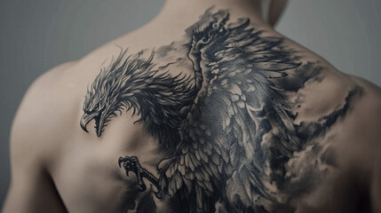 Tattoo on back. Detailed black and gray phoenix tattoo on man's back