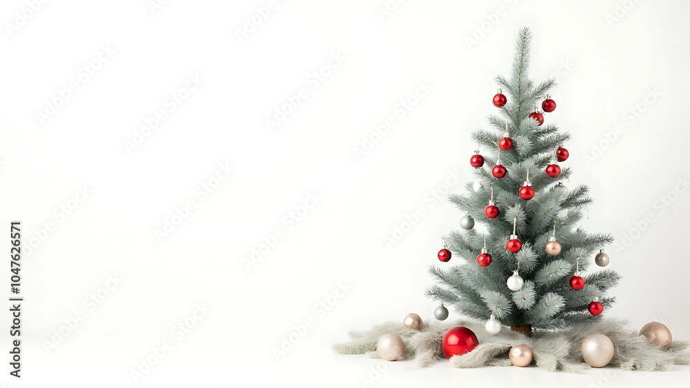 Poster Decorated Christmas tree sits atop white background with empty space for added text and design elements nearby perfectly.