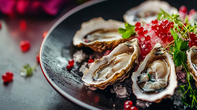 Fresh oysters on a plate. A restaurant delicacy.