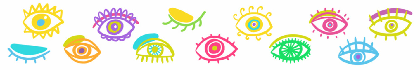 Vector horizontal collection of hand-drawn eyes in doodle style