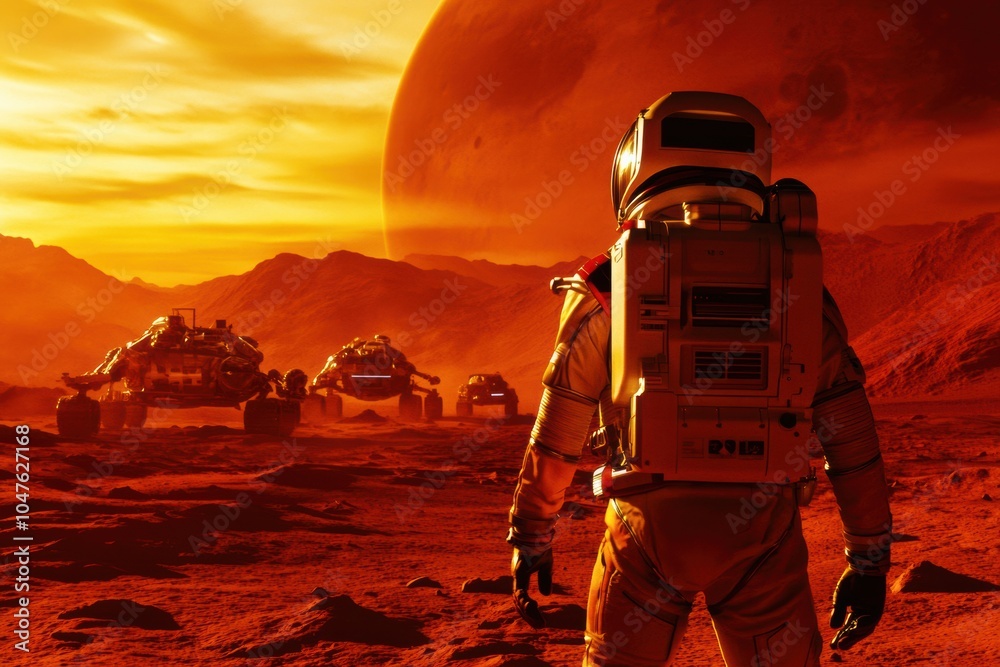 Poster an astronaut stands on the surface of mars at sunset, surveying the rugged terrain while futuristic 