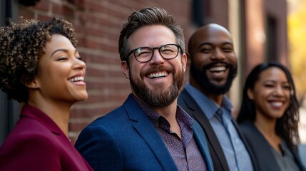 Fototapeta premium Four diverse business professionals stand together, laughing, in front of a brick wall.