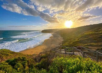 Wooden Stairs Down To Bells Beach On The Southern Coast Of Australia