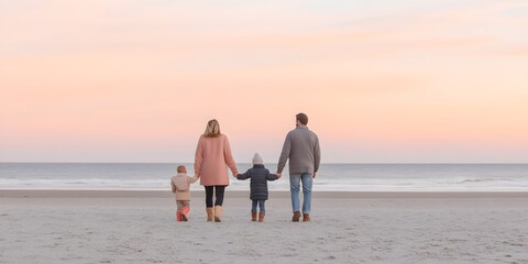 Family walking on winter beach at pastel sunset. Coastal lifestyle photography. Tender family moment