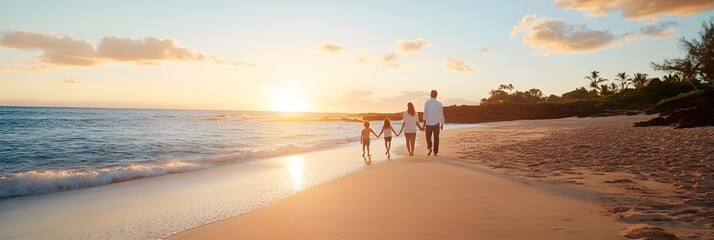 Family walking tropical beach at warm sunset. Paradise vacation photography. Hawaiian coast lifestyle