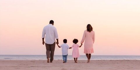 Fototapeta premium Family walking beach at sunset in coordinated outfits. Tender vacation moment. Coastal lifestyle photography