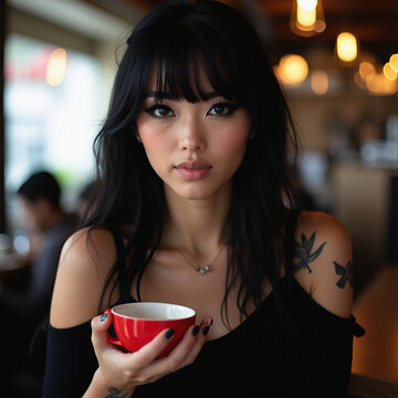 woman, short black hair, straight, bangs and striking, makeup, black eyeliner, she, goth girl, tattoo girl, modern girl, creative girl, coffee, coffee shop, drinking coffee, pretty girl, person, bever