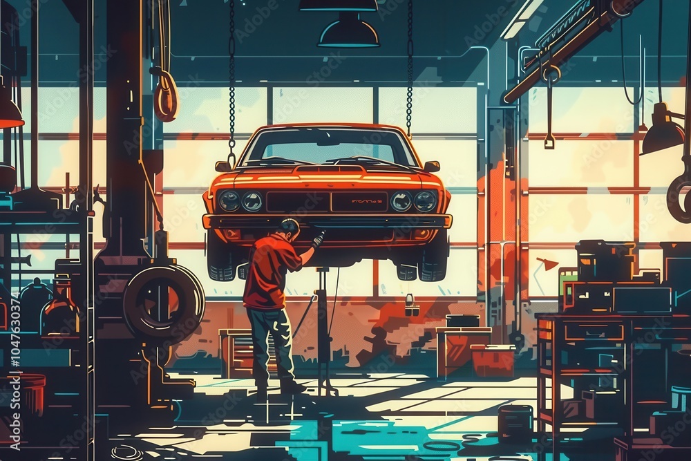 Poster a mechanic is working attentively under a car lifted on a hoist in a bright garage, focused on repai