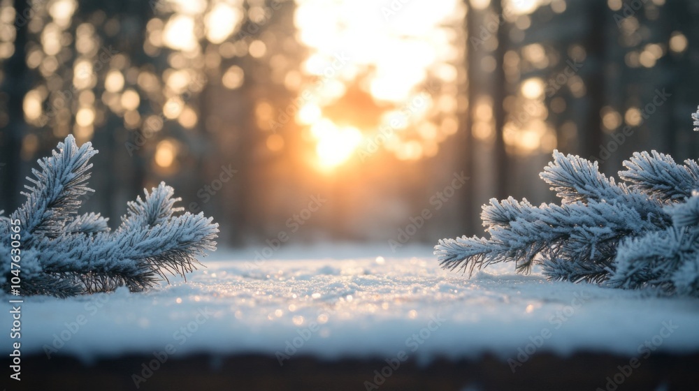 Aufkleber frosty tree branches frame the foreground as the sun sets behind a tranquil winter forest, casting a